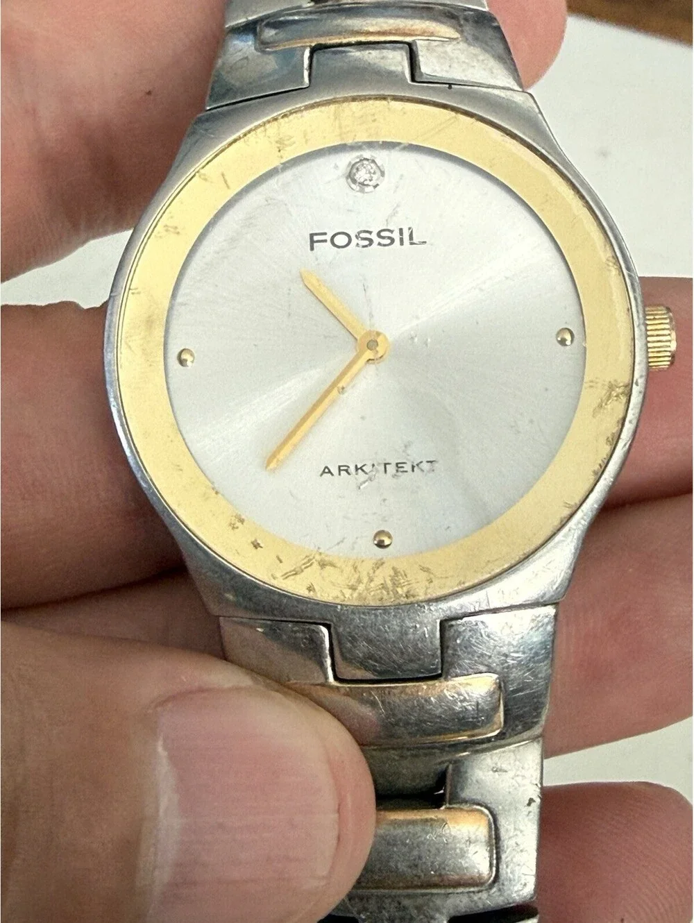 Men’s Fossil Arkitekt Silver And Gold Tone FS-3029 Watch With Dianond Accents